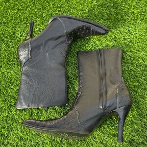 Los Altos black ostrich leather pointed zip heeled western ankle boots